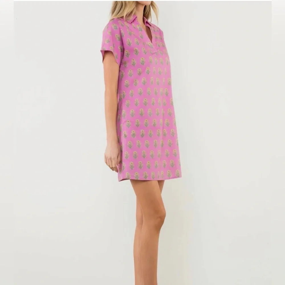 THML short-sleeve collared dress in a vibrant pink and yellow floral